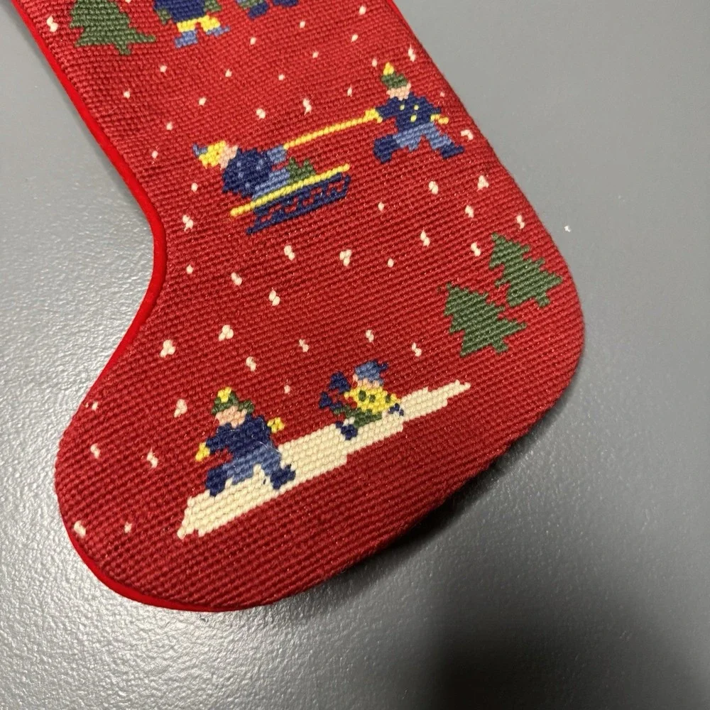 Vintage Needlepoint Christmas Stocking Wool Red Velvet Winter Sports Sled Ski #2